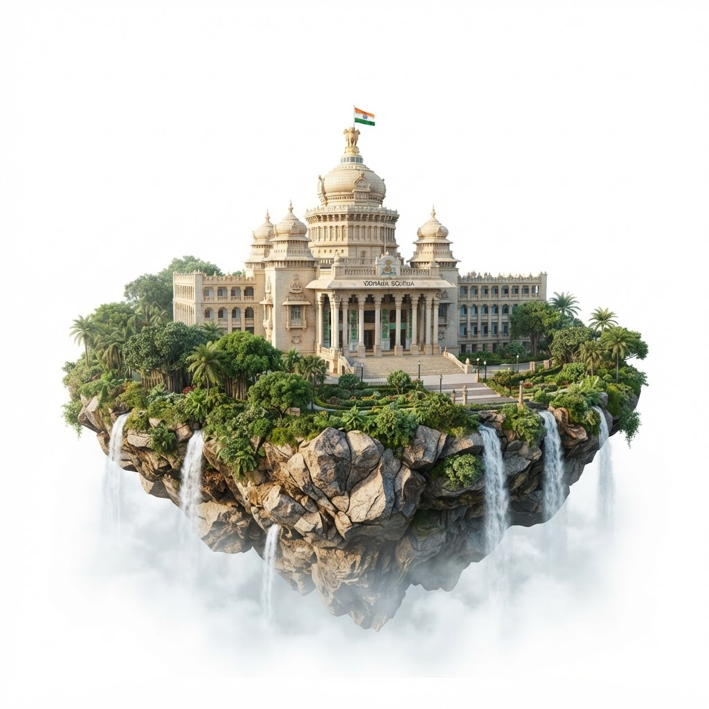 The Vidhana Soudha, seat of Bengaluru's government, rendered on a floating island with cascading waterfalls